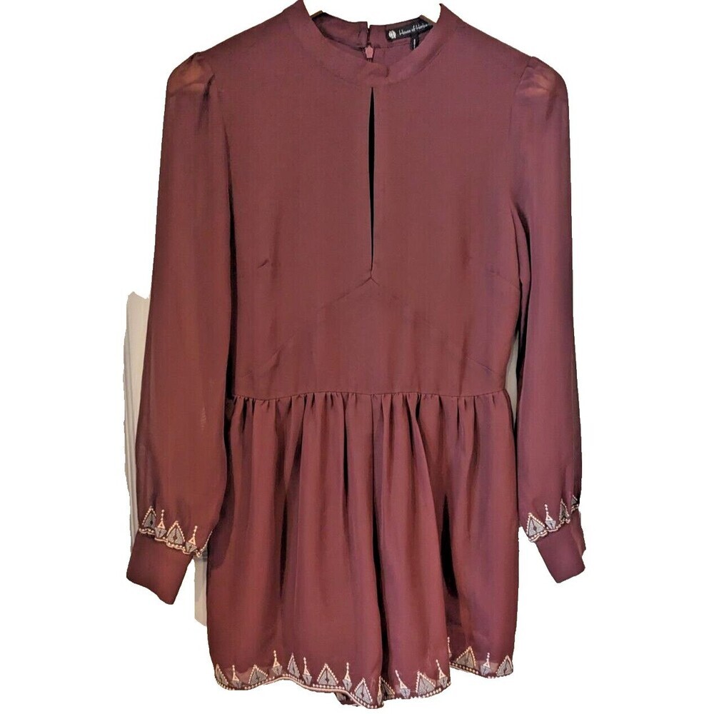 House of Harlow 1960 Hendrix romper Burgundy Sz. M Chiffon Retro Long‎ Sleeves